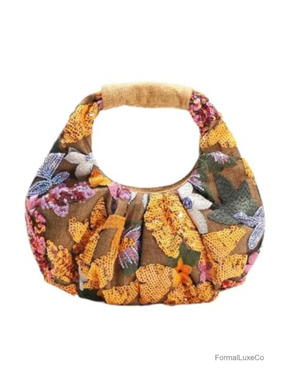 Womens Floral Sequin Evening Handbag Polyester Beaded Handle Ruched Party Clutch